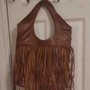 Elegant Tan Leather Fringe Hobo Bag